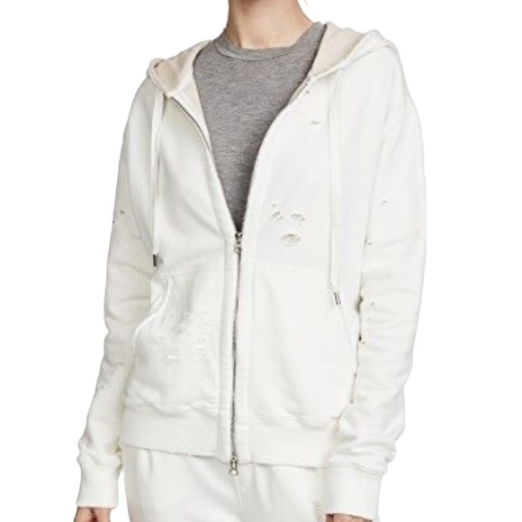 ATM Anthony Thomas Melillo Tops - ATM Double Layer French Terry Hoodie Distressed Zip Up Sweatshirt White Medium